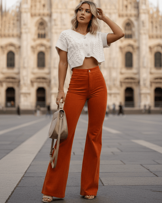 Pantaloni a Zampa Arancioni Vita Alta - Flare Pants Velluto - Biresi